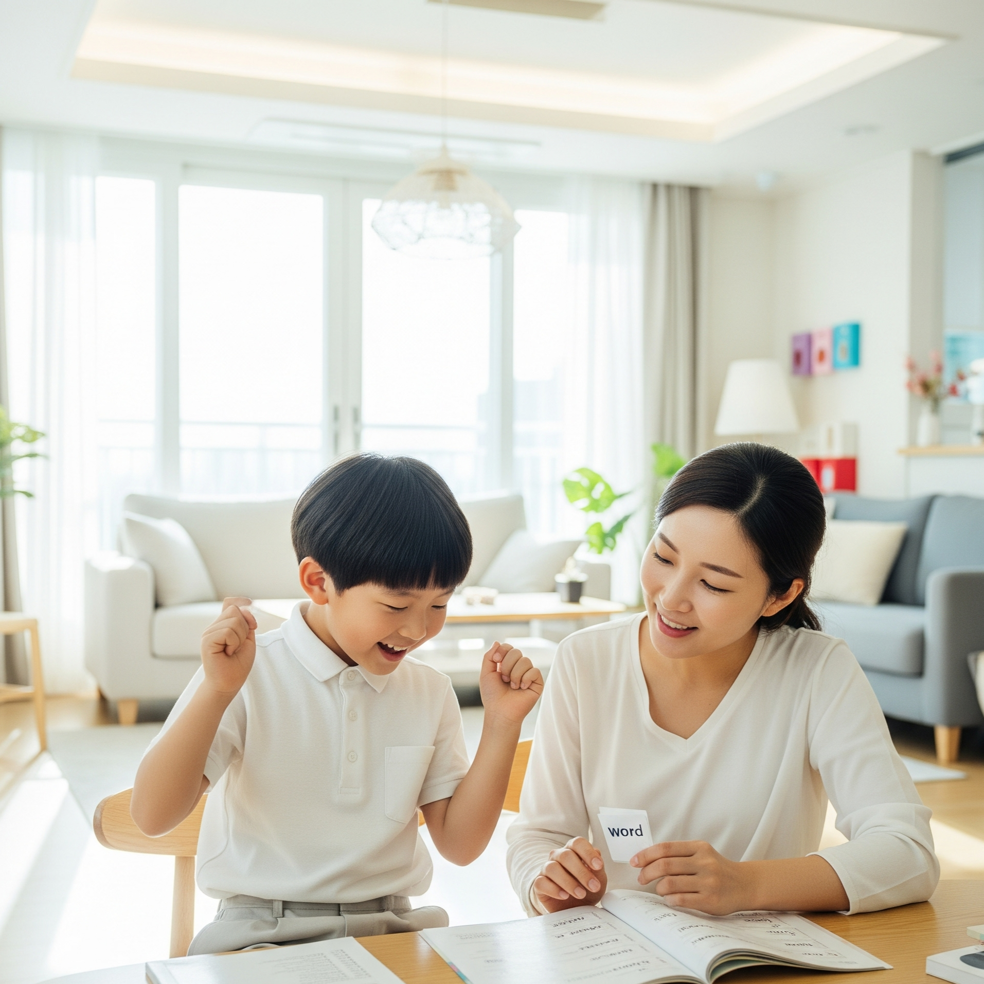 엄마와 함께 영어 단어를 공부 중인 초등학교 남자아이