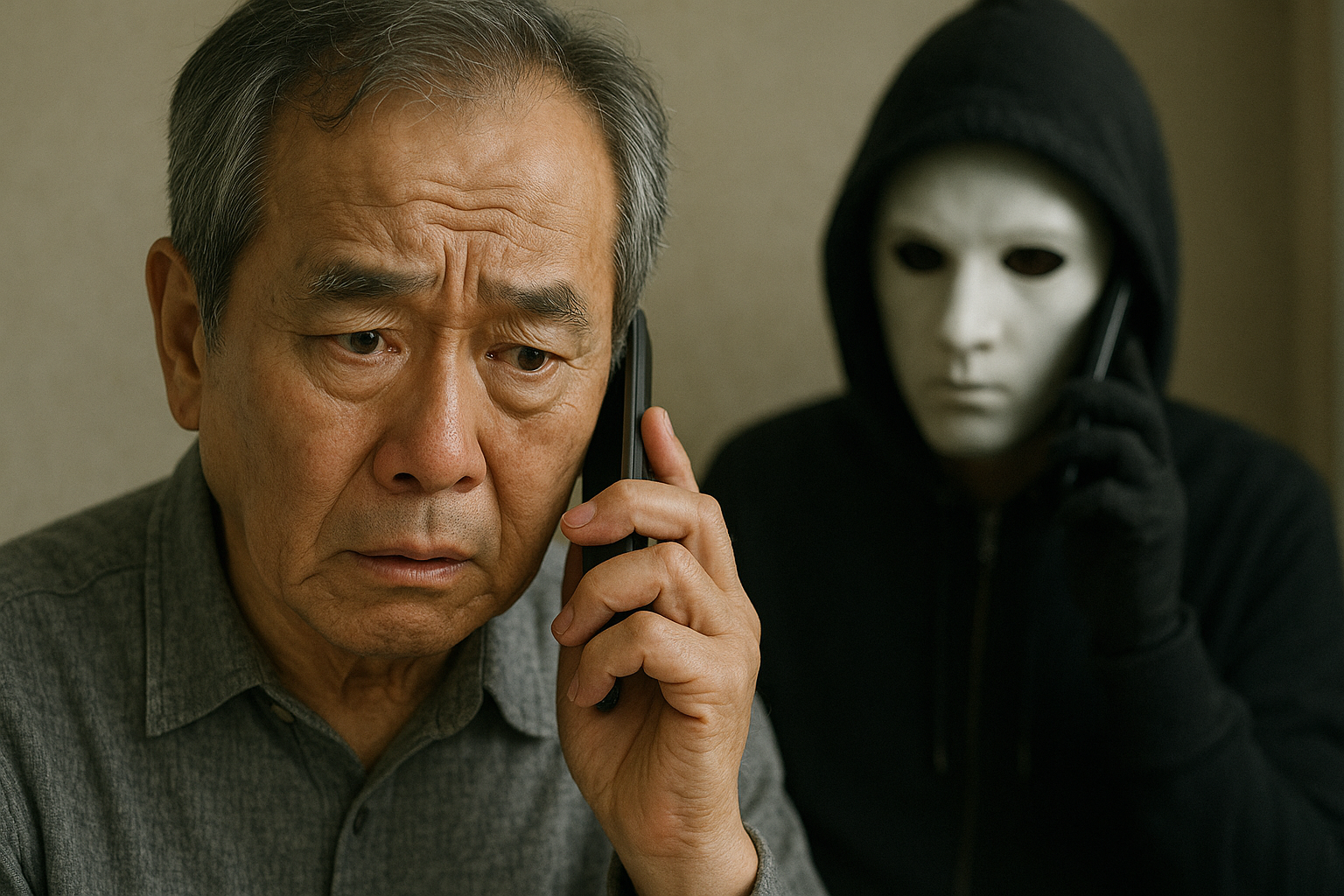 남성 노인이 걱정스러운 표정으로 전화를 받고 있고, 그 너머로 흐릿하게 보이스 피싱범으로 보이는 가면을 쓴 남성이 전화를 들고 있는 모습