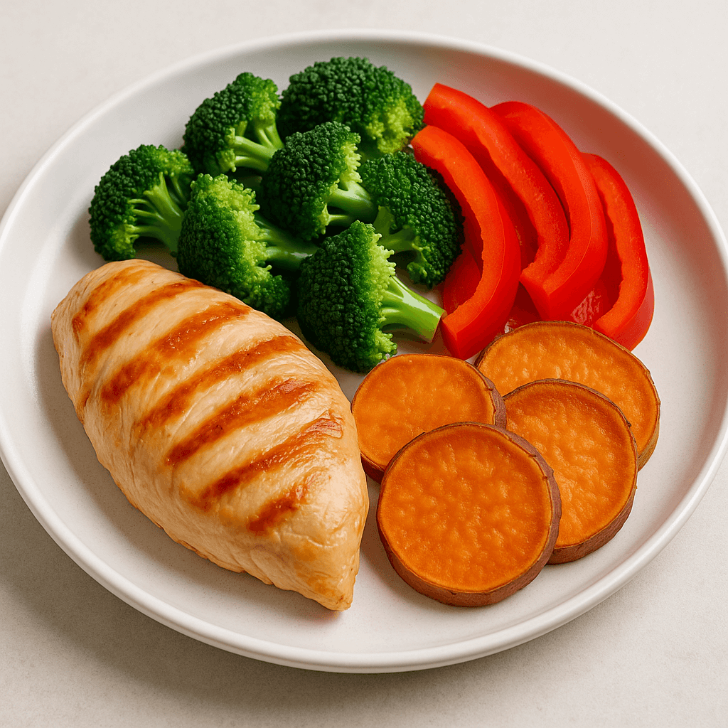깨끗한 접시에 닭가슴살, 브로콜리, 파프리카, 고구마가 색감 있게 올려져 있는 건강 식단 사진(출처**자체제작)