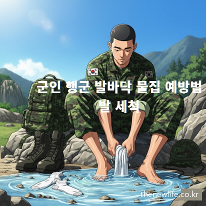 군인 행군 발바닥 물집 예방을 위해 야외에서 발을 세척하는 모습