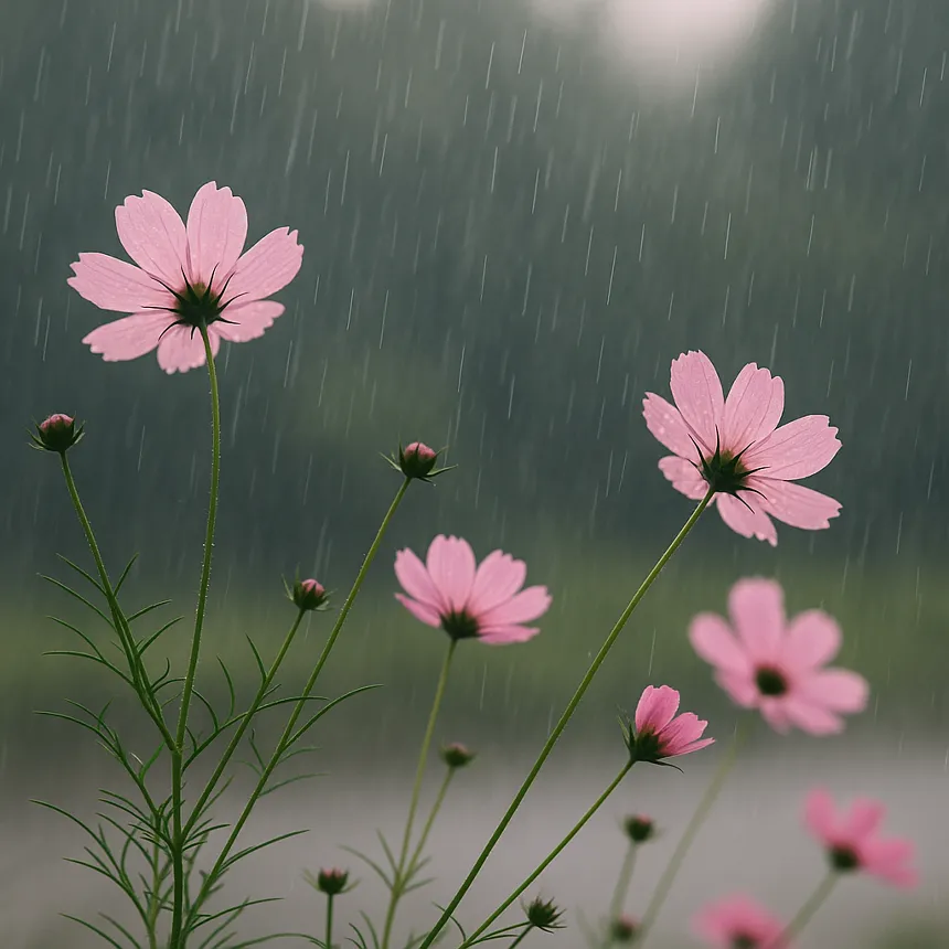 꽃 위로 내리는 비