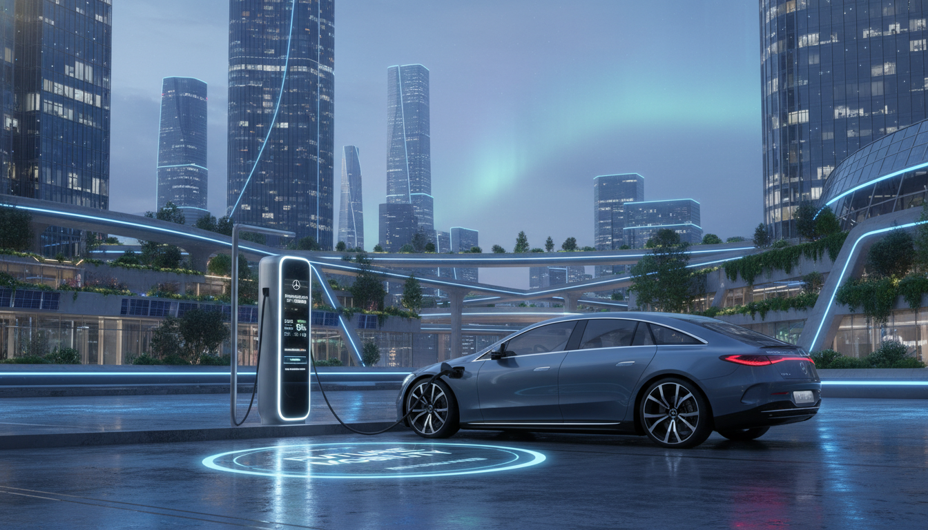 친환경 도심의 전기차 충전소에서 충전 중인 2026년형 벤츠 C클래스 EV