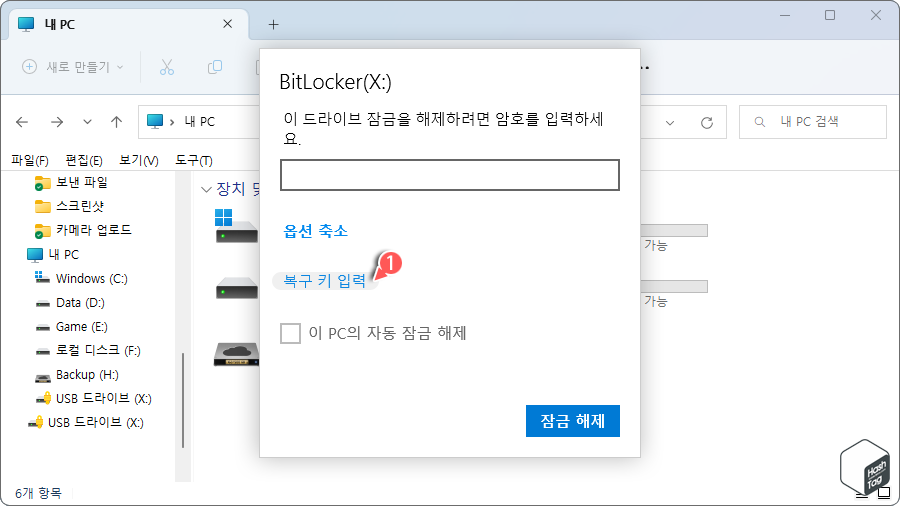 복구 키 입력 옵션