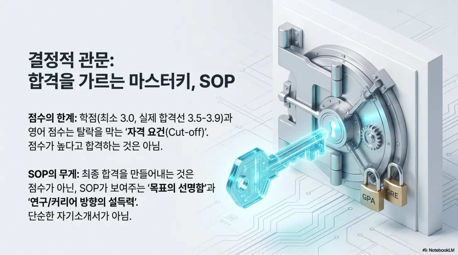 미국 대학원 합격을 가르는 SOP를 금고를 여는 마스터키로 표현한 인포그래픽. GPA와 GRE 점수는 탈락을 막는 자격 요건일 뿐&amp;#44; 최종 합격은 SOP의 목표와 방향의 설득력이 결정함을 보여주는 이미지. 