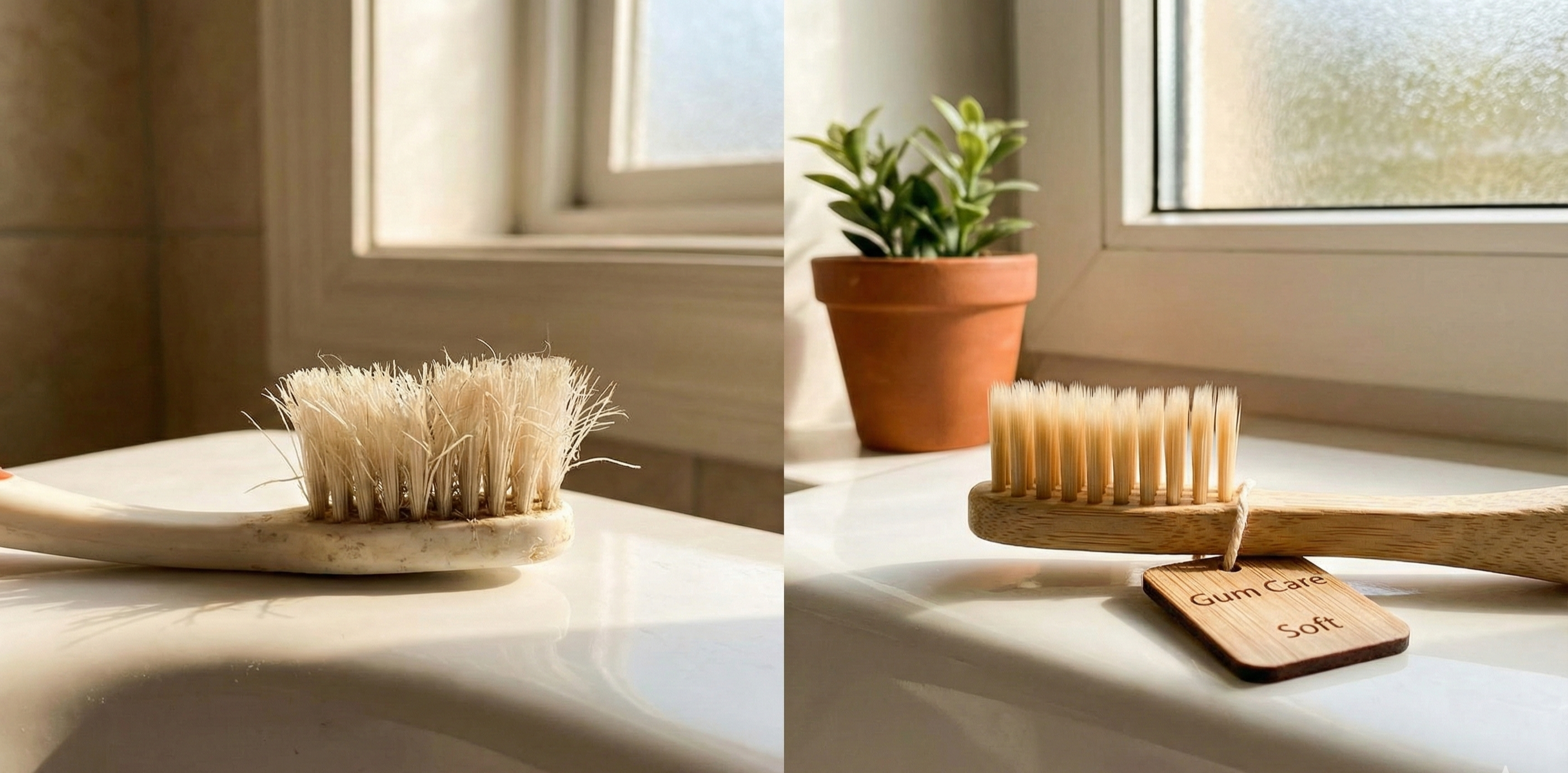 햇살이 드는 창가 욕실 선반 위에 칫솔모가 심하게 마모되고 벌어진 낡은 플라스틱 칫솔(왼쪽)과 'Soft & Gentle - Gum Care(잇몸 케어)' 태그가 달린 부드러운 새 대나무 칫솔(오른쪽)이 나란히 놓여 대비되는 모습.