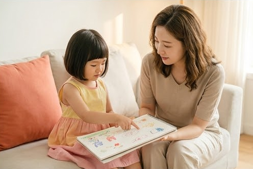 소파에서 스케치북을 함께 보며 고개 끄덕이는 엄마와 딸