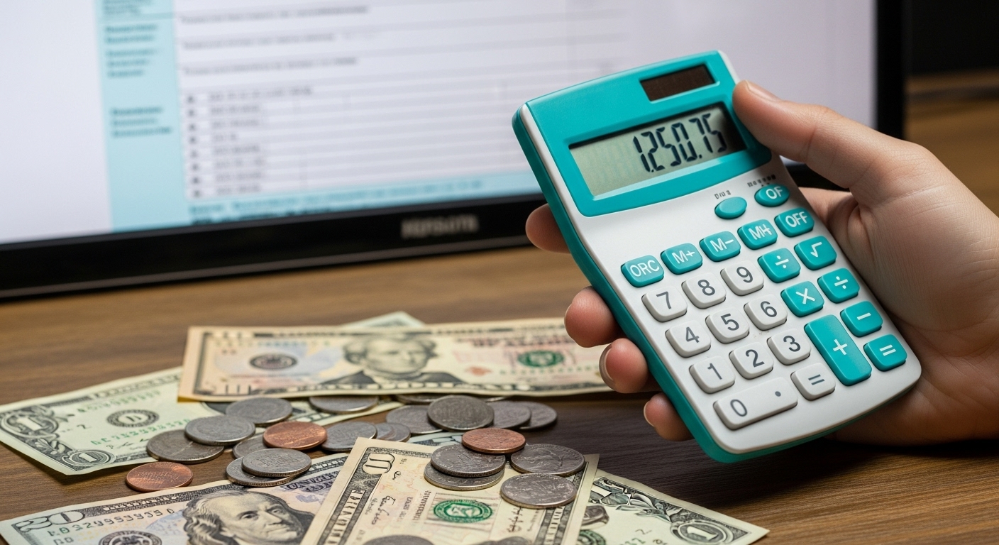 계산기로 소득 공제액을 계산하는 손과 세금 서류, 개인 재정을 상징하는 이미지.
