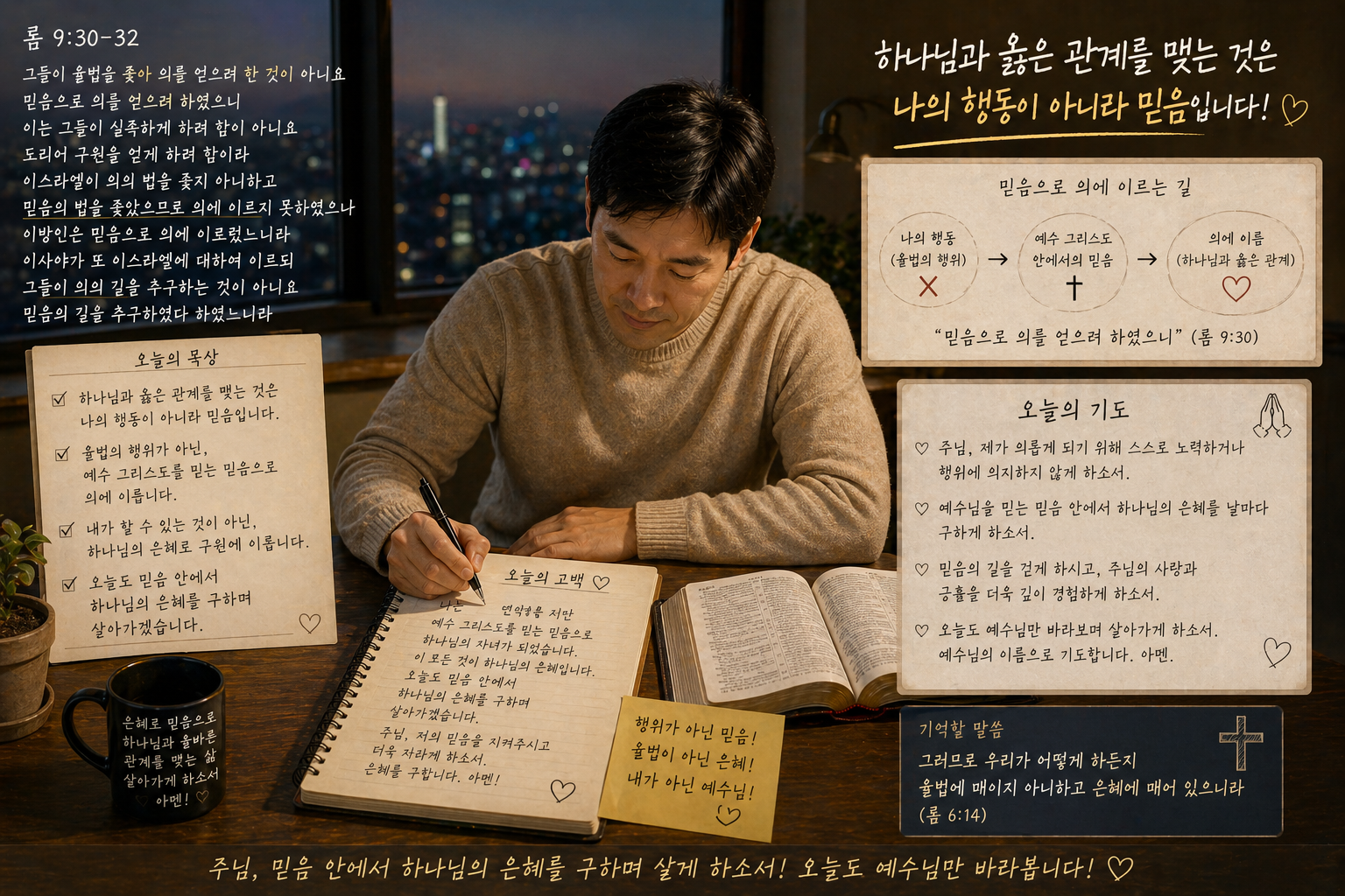 롬 9:30-32에서 하나님과 옳은 관계를 맺는 것은 나의 행동이 아니라 믿음임을 다시금 생각하며&amp;#44; 믿음 안에서 하나님의 은혜를 구하는 삶을 살아가도록 묵상하는 시간을 갖는 모습입니다.