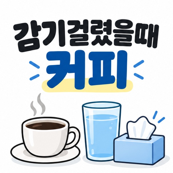 커피잔과 물컵 옆에 감기걸렸을때 커피 문구를 크게 표시한 카드