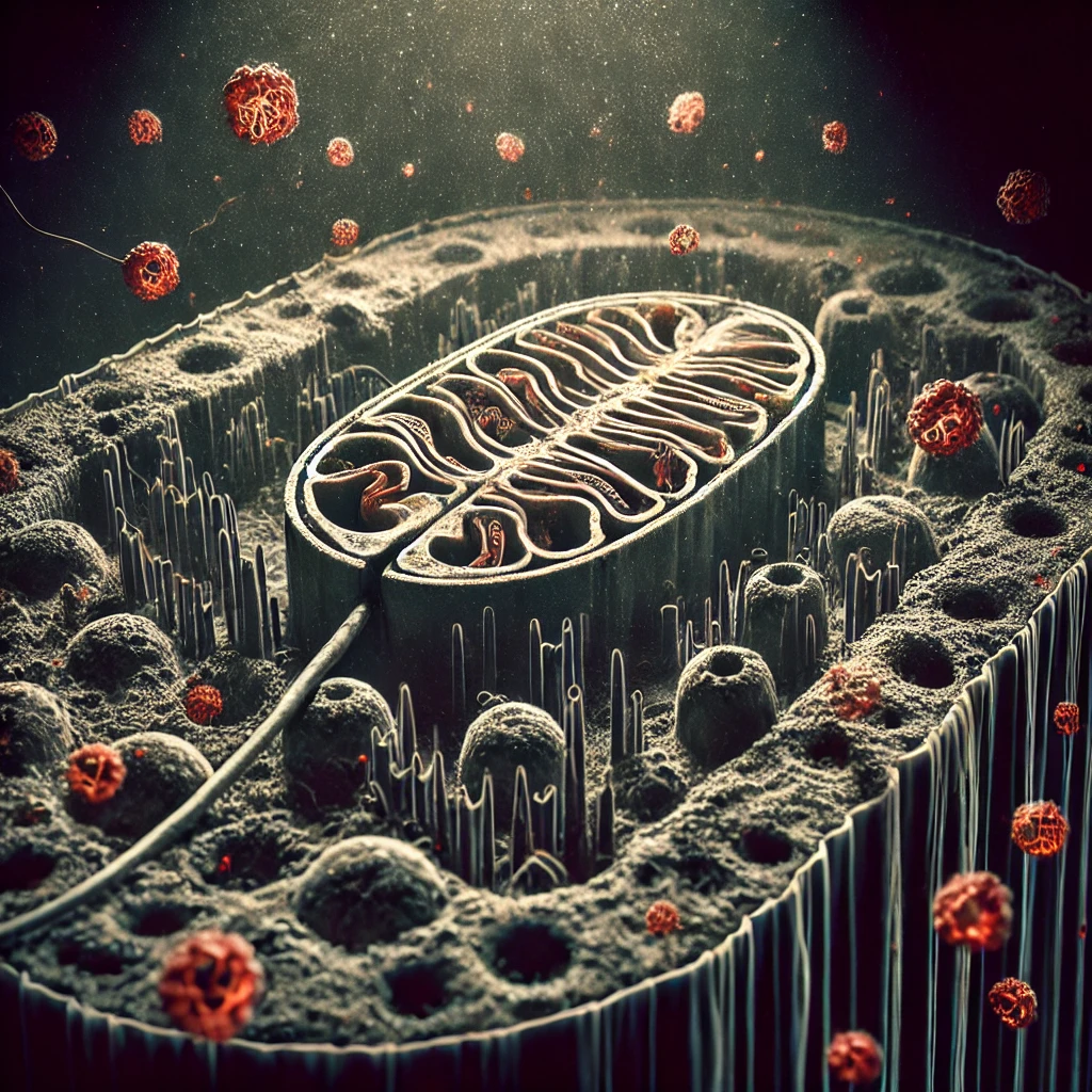 노화한 세포 속 미토콘드리아의 모습. 마치 낡은 공장처럼 일부 구조물이 파손되고 어둡게 변한 분위기, 주변에 활성산소를 상징하는 작은 붉은 입자들이 떠다니는 장면