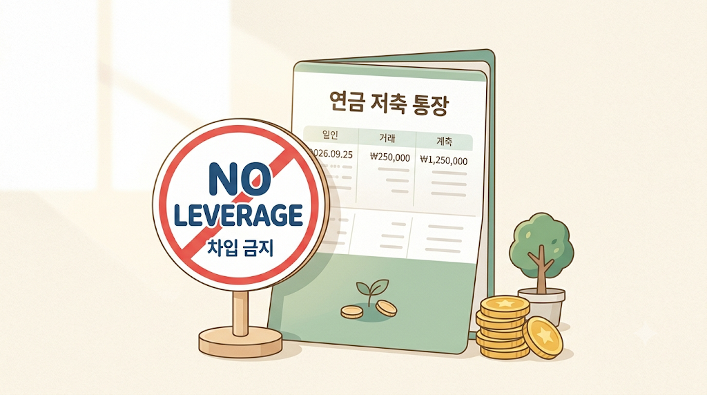 연금 통장 앞에 "레버리지 출입금지" 표지판이 세워진 그림