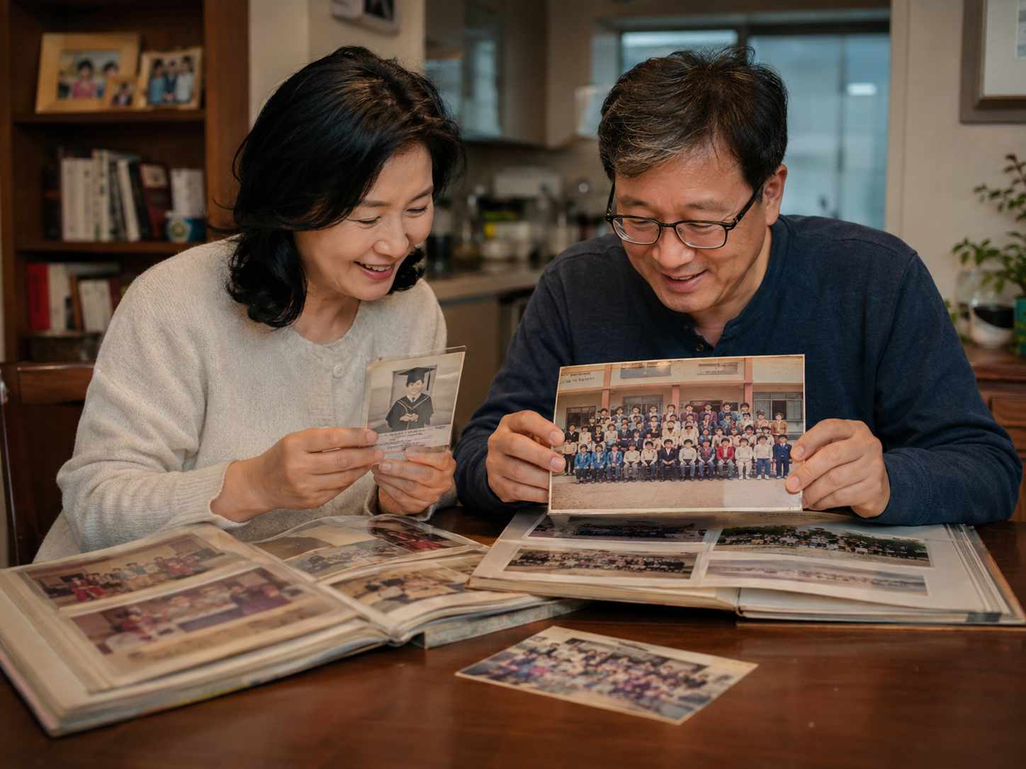 나무 테이블 위에 두 권의 오래된 졸업앨범을 펼쳐 놓고 서로 다른 시기의 학교사진을 함께 살펴보는 모습