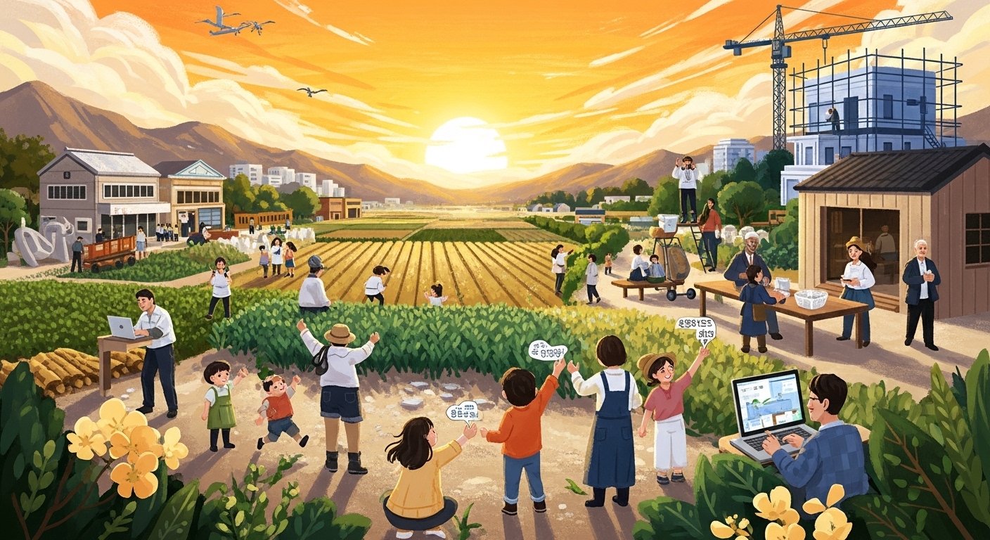 고령군의 밝은 미래를 보여주는 이미지. 다양한 사람들이 함께 일하고 생활하며 성장하는 활기찬 지역 공동체를 표현합니다.