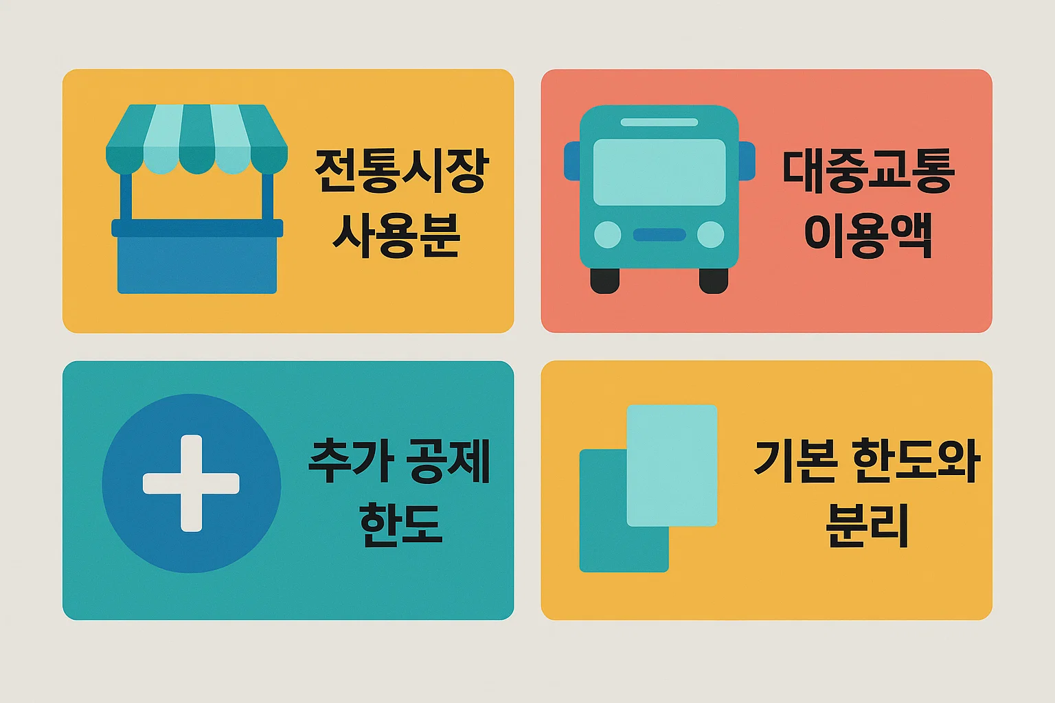 체크카드 소득공제에서 전통시장 사용분과 대중교통 이용액에 적용되는 추가 공제 한도와 기본 한도 분리 구조를 명확히 보여주는 인포그래픽 이미지입니다