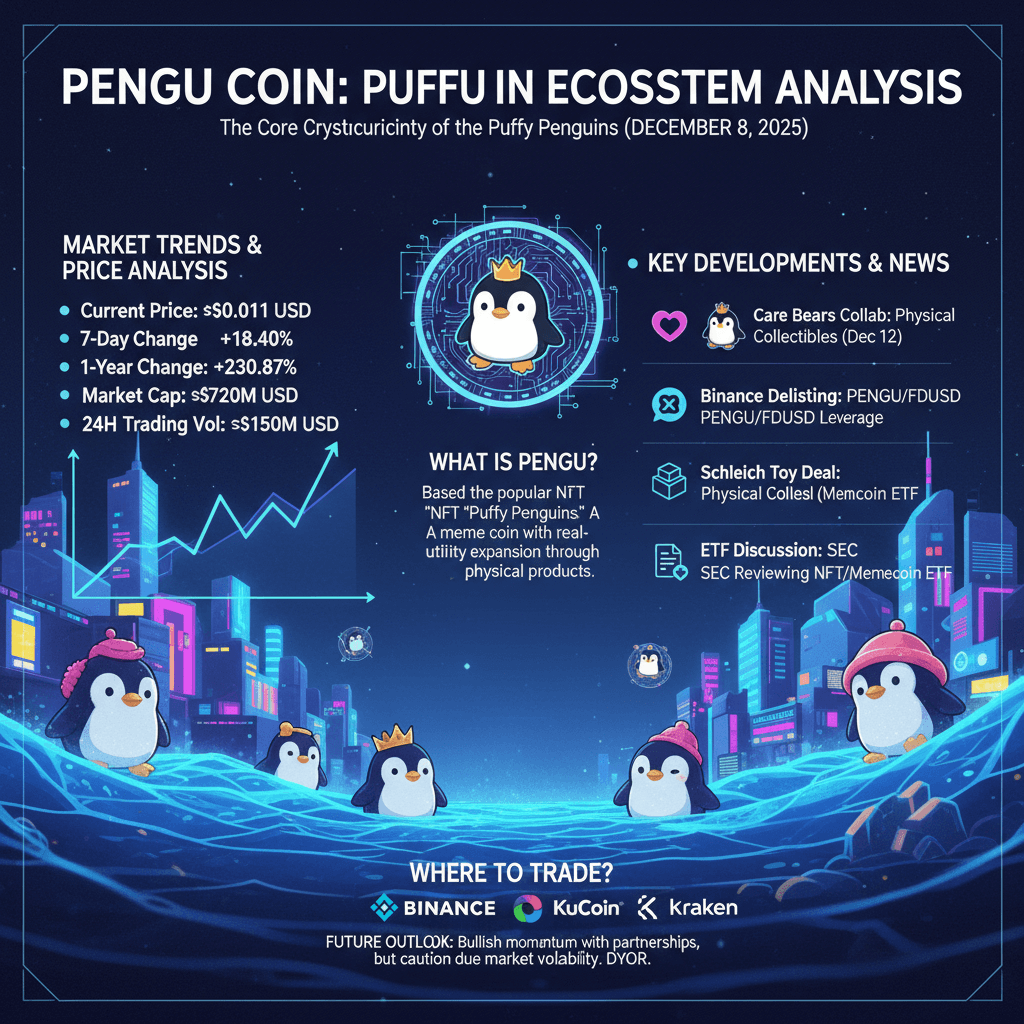 펭구 코인 암호화폐 분석 인포그래픽과 펭귄들