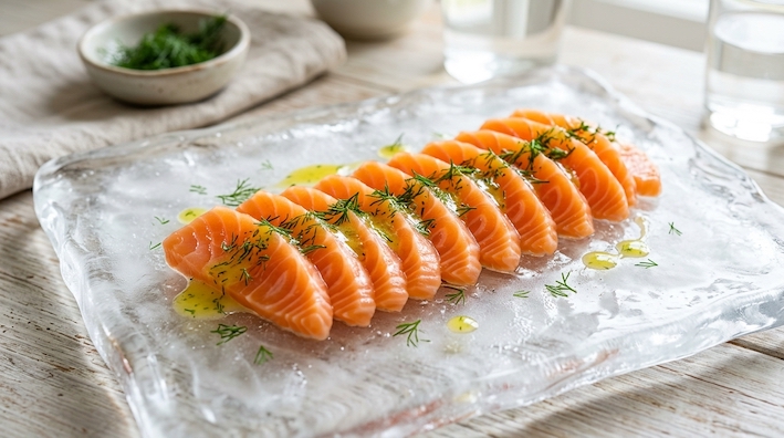 sliced fresh salmon with lemon dill dressing