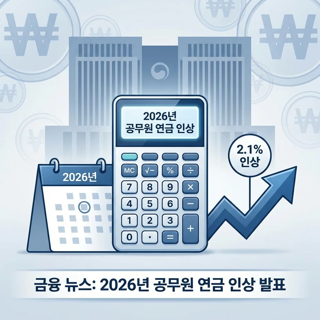 2026년 달력과 계산기, 그리고 2.1% 상승 화살표가 그려진 공무원 연금 인상률 분석 인포그래픽