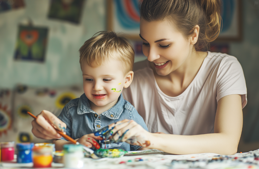 부모가 물감을 묻혀가며 아이를 교육하고 있다