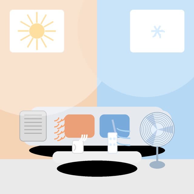 겨울 난방과 여름 냉방을 상징하는 반반 구도, 한쪽은 따뜻한 실내 난방기와 머그컵, 다른 한쪽은 선풍기와 아이스 음료, 가정집 거실 전경 이미지