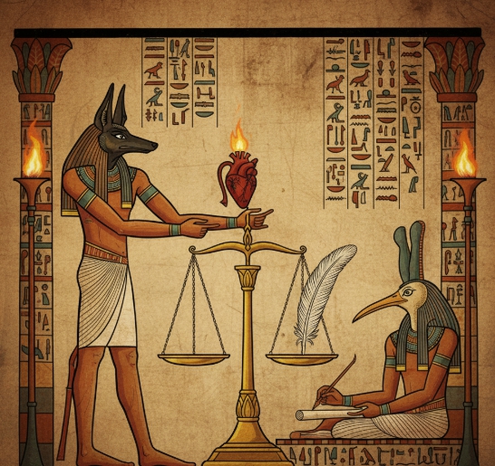 저울로 심장의 무게를 재며 심판하는 아누비스 일러스트