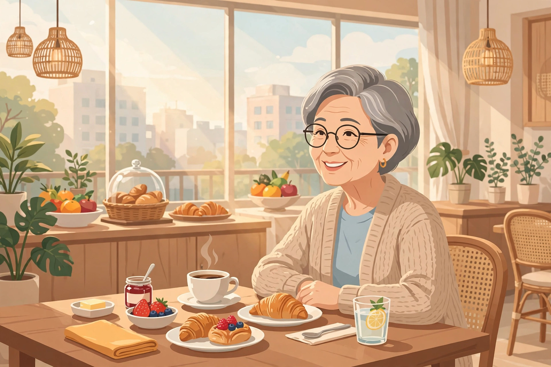 호텔 뷔페에서 조식을 즐기는 우아한 노년 여성 일러스트
