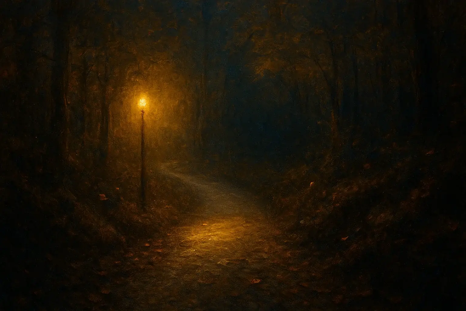 어두운 숲 속을 비추는 외로운 가로등과 구불구불한 오솔길