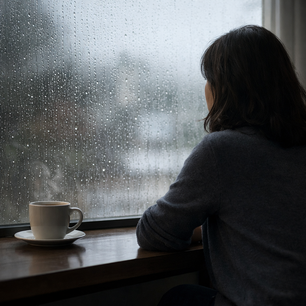 비 오는 창가에서 커피잔 옆에 앉아 창밖을 바라보며 생각에 잠긴 엄마의 모습, 감정을 정리하는 조용한 순간