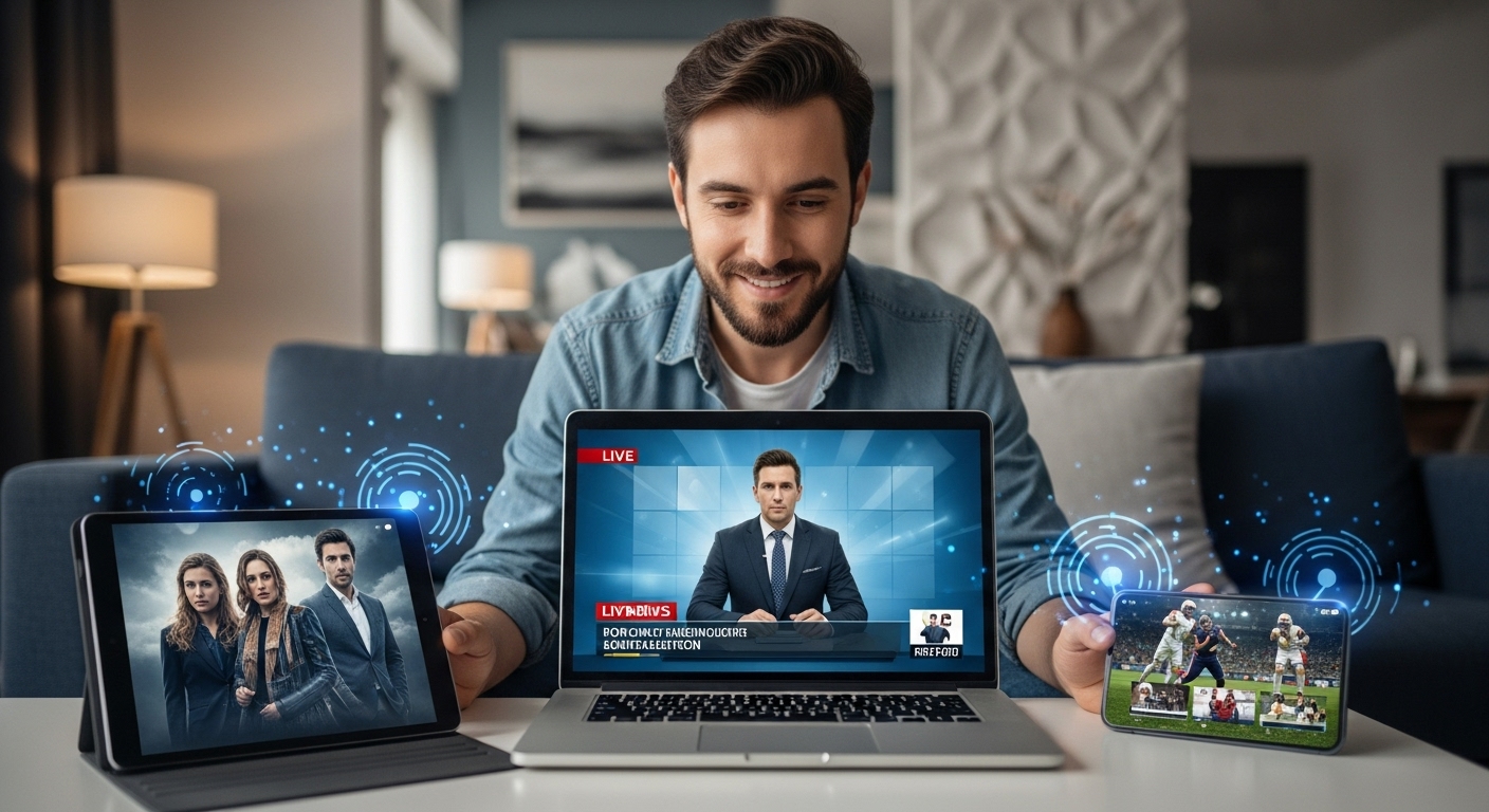 다양한 디지털 기기(노트북, 태블릿, 스마트폰)로 여러 무료 실시간 TV 채널을 동시에 시청하며 만족스러워하는 사람의 모습. 편리하고 스마트한 무료 시청 환경을 나타냅니다.