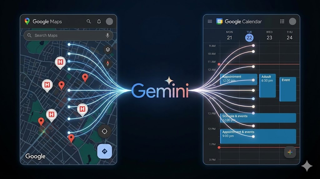 구글 지도와 구글 캘린더가 제미나이 AI 네트워크 선으로 연결되어 병원 위치 정보와 일정 데이터가 서로 연동되는 모습을 표현한 테크 일러스트.