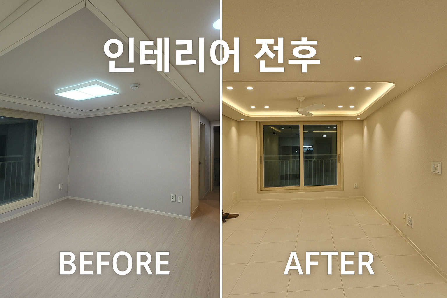 신혼부부의 9년차 아파트 인테리어 전후 비교 이미지. 회벽 느낌 벽지와 타일형 강마루가 적용된 거실 전경을 보여주는 썸네일