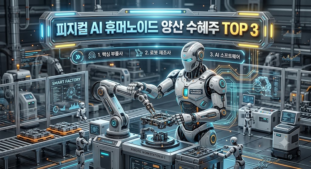 스마트 공장 내부에서 작업하는 차세대 3D 휴머노이드 로봇 그래픽 이미지 (텍스트: 피지컬 AI 휴머노이드 양산 수혜주 TOP 3)