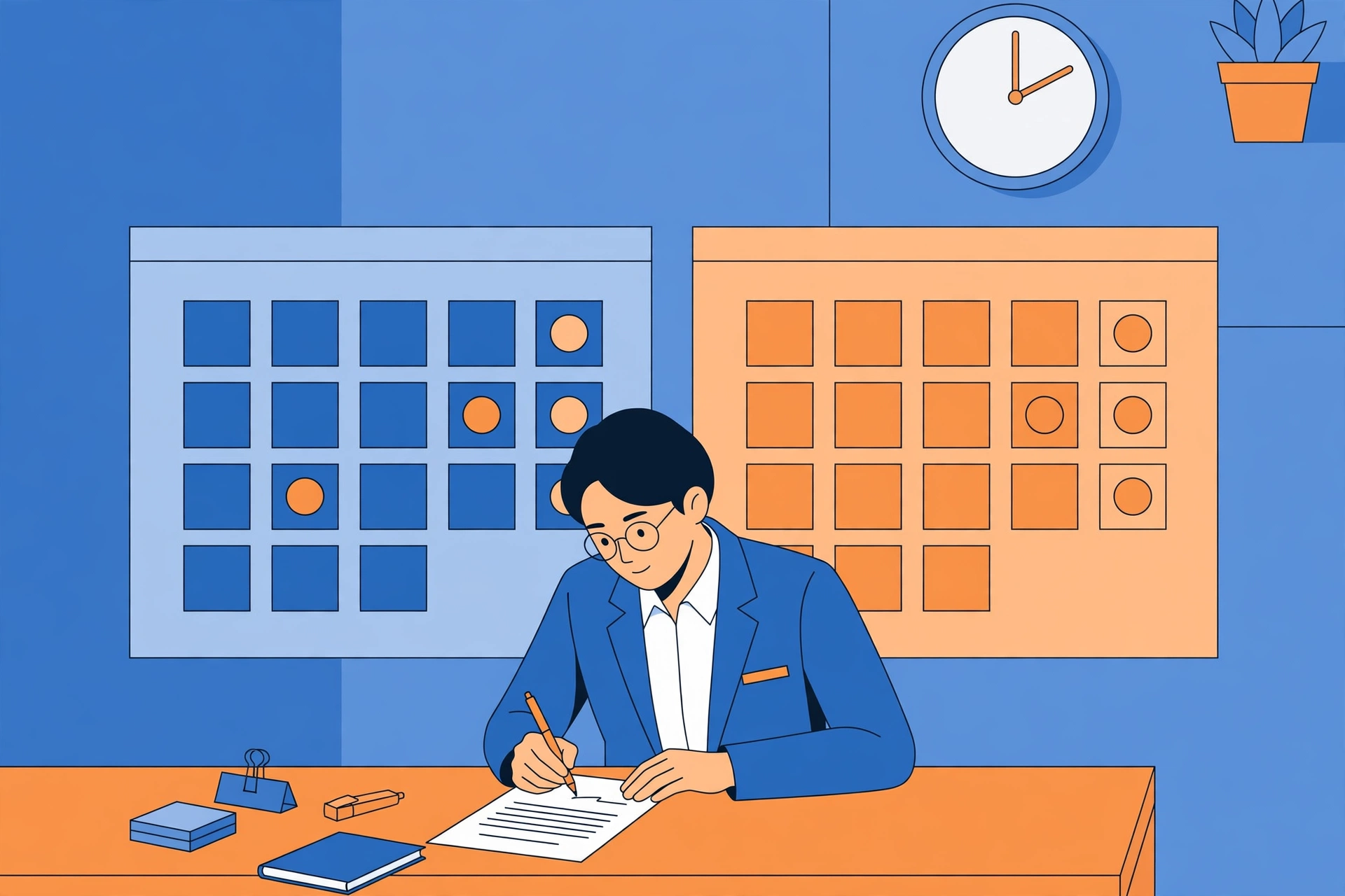 계약서에 서명하는 직장인과 2년을 표시하는 달력 일러스트