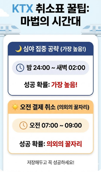 KTX 취소표가 가장 많이 풀리는 심야 및 새벽 시간대 요약 시간표