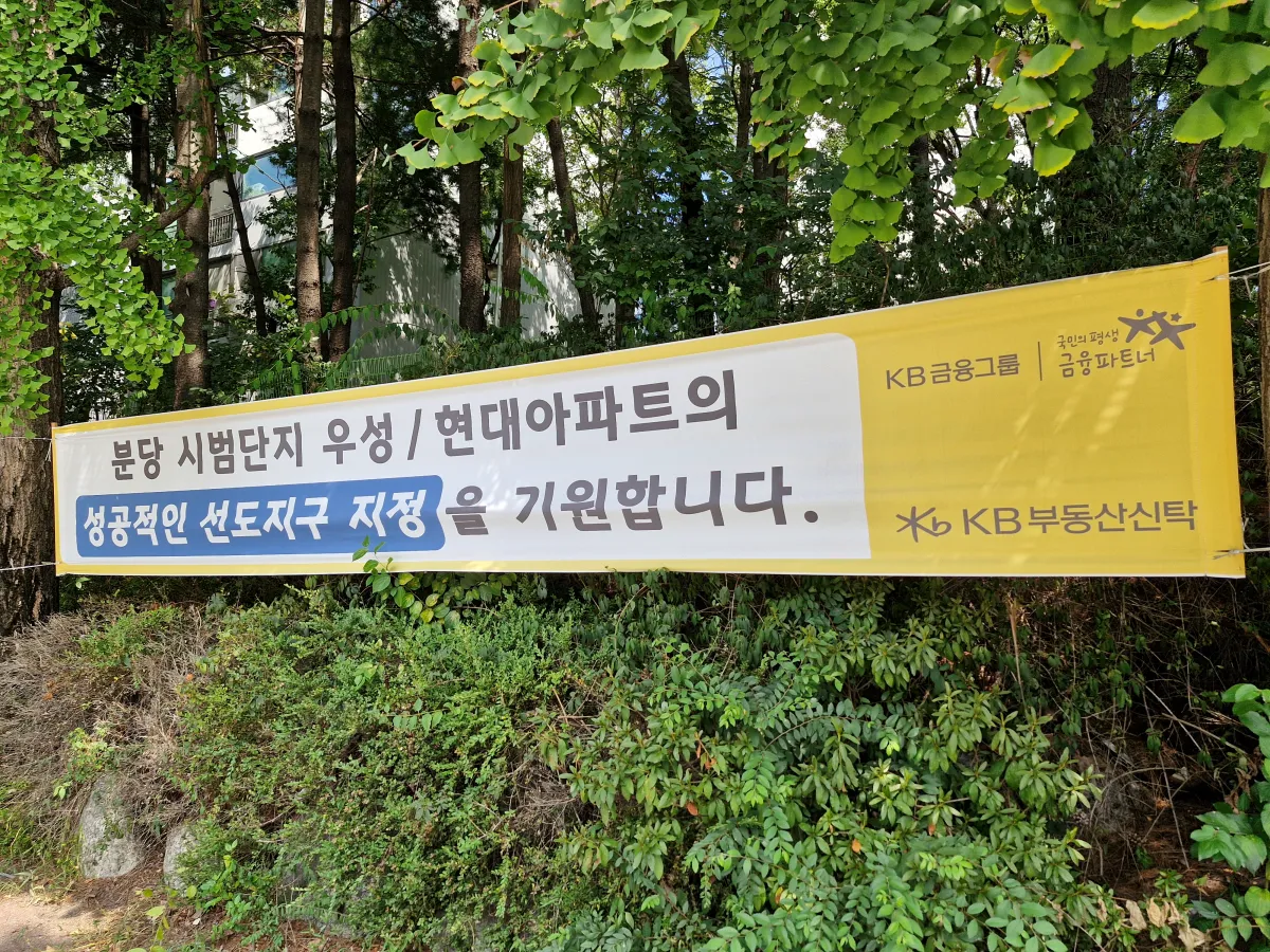 분당-시범단지-응원하는-현수막이-나무에-걸려있다