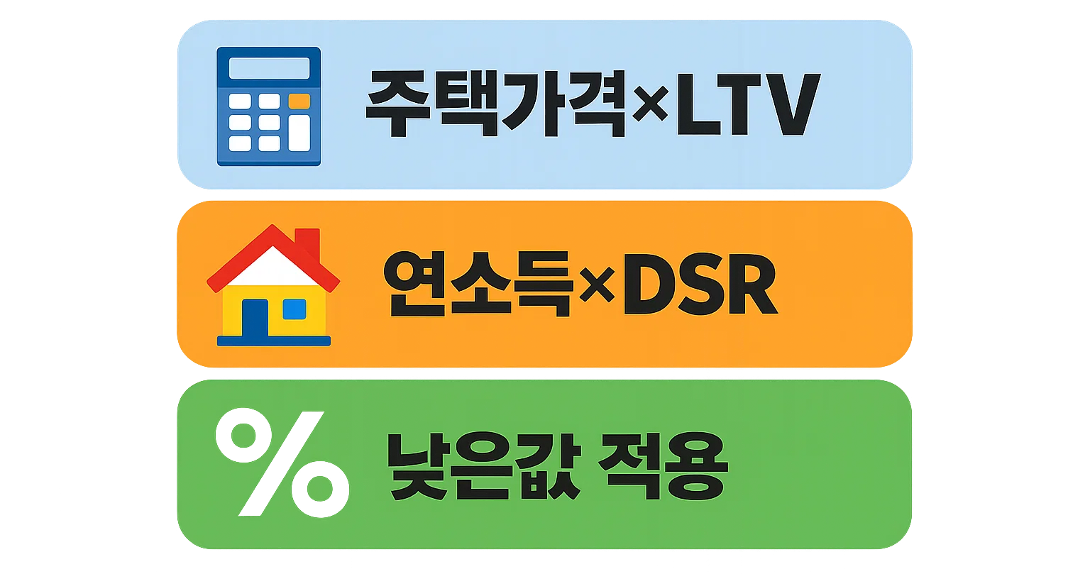 주택담보대출 조건에서 연소득과 DSR 역산 확인 및 1차 LTV 계산 흐름을 정리한 인포그래픽 이미지