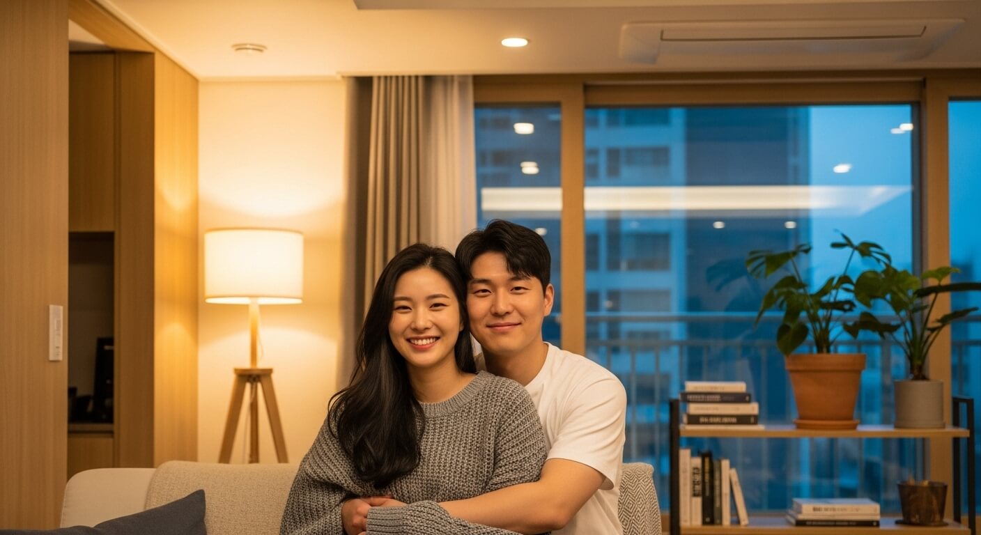 아파트 거실에서 포옹하며 카메라를 바라보는 청년 부부