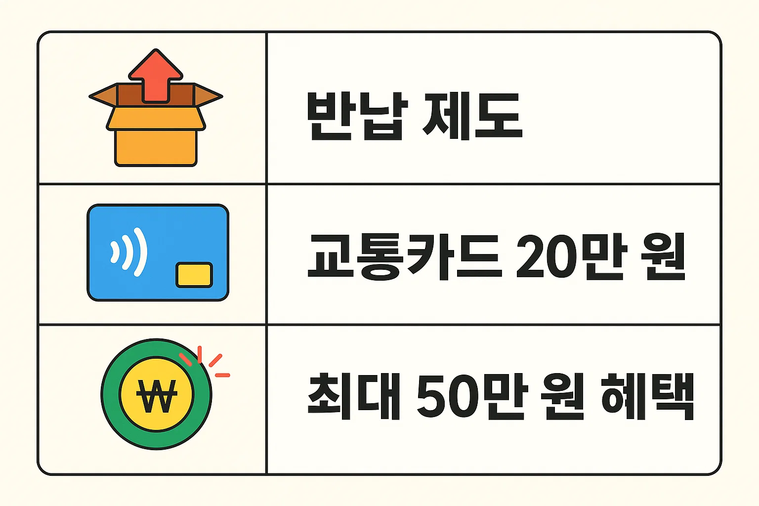 고령자가 운전면허를 반납할 경우 제공되는 교통카드 20만원과 최대 50만원 지원 혜택을 설명하는 인포그래픽 이미지입니다.