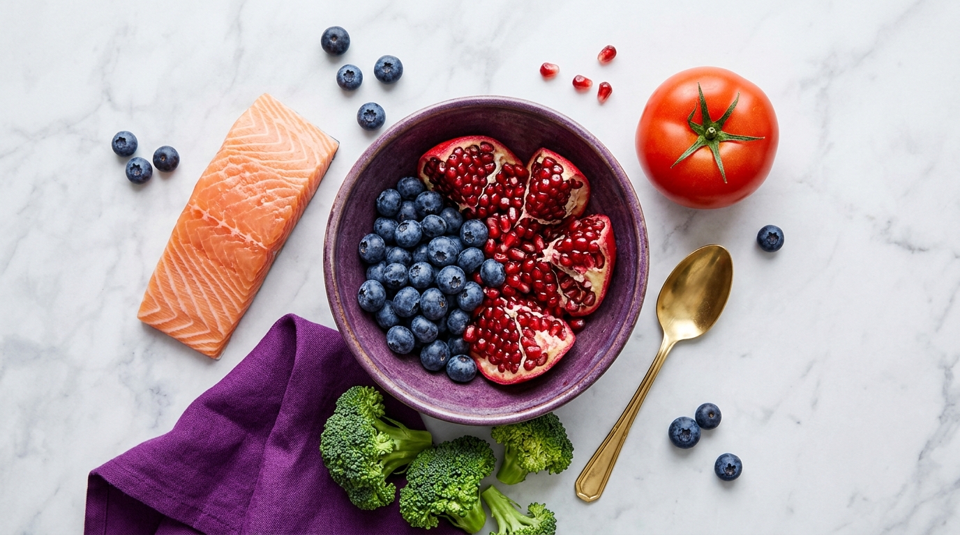 A highly professional and aesthetically pleasing flat lay photograph for a beauty blog. Centered around a purple ceramic bowl filled with vibrant blueberries and sliced pomegranates, flanked by fresh salmon, a ripe tomato, and green broccoli florets. On a clean soft light gray marble background, accented with elegant gold and royal purple elements, bright and clear studio lighting, cozy and organic feeling, ultra-realistic texture