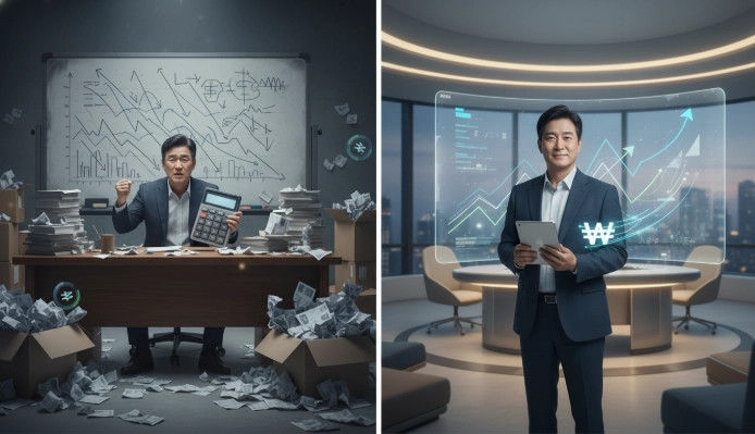 40대 한국 남성이 복잡한 세금 서류와 하락하는 그래프 앞에서 혼란스러워하는 모습(왼쪽)과, 깔끔하게 정리된 디지털 화면 앞에서 IRP로 인해 재정적으로 안정된 모습(오른쪽)을 비교하는 이미지