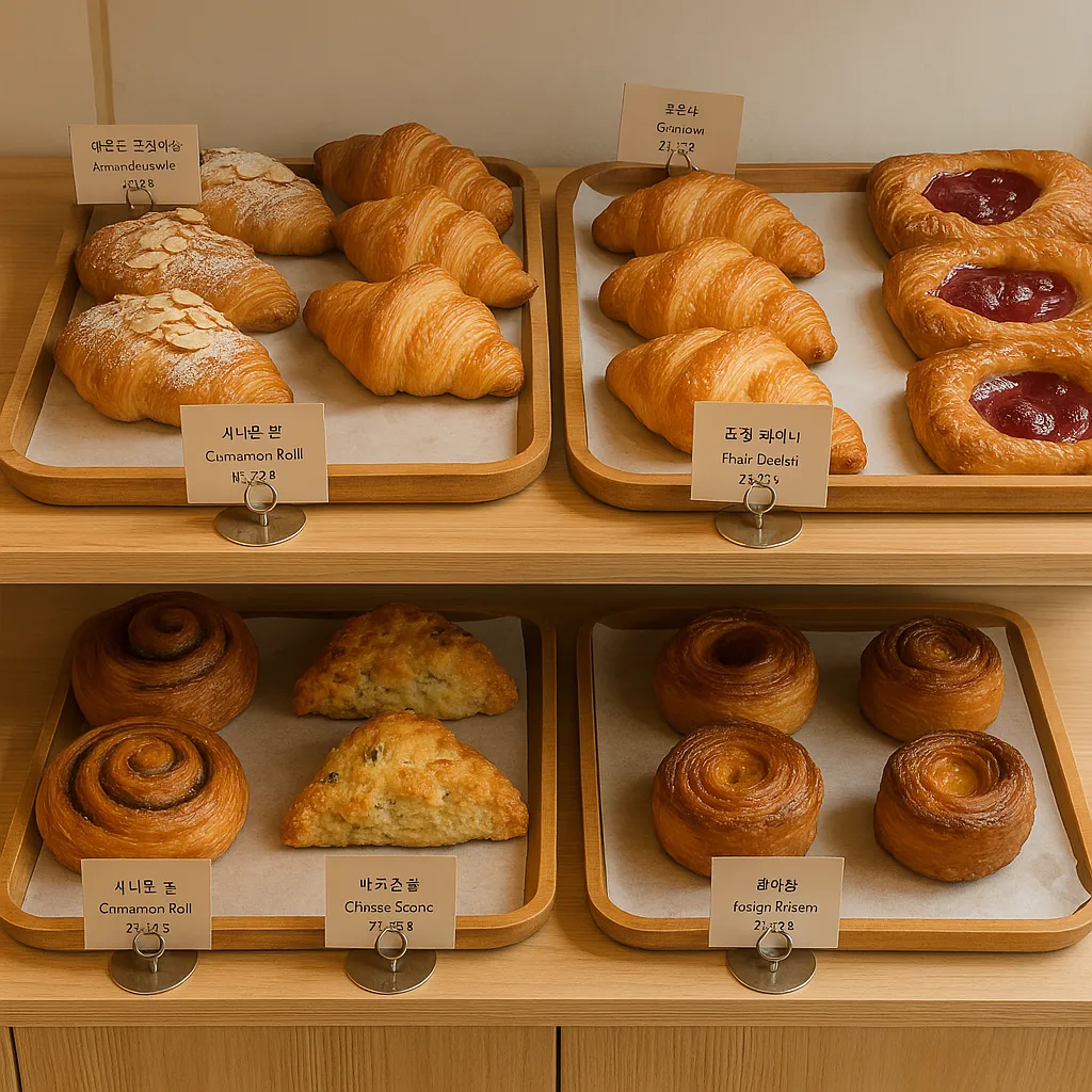 전주 감성 베이커리의 창가 디저트 진열대 모습