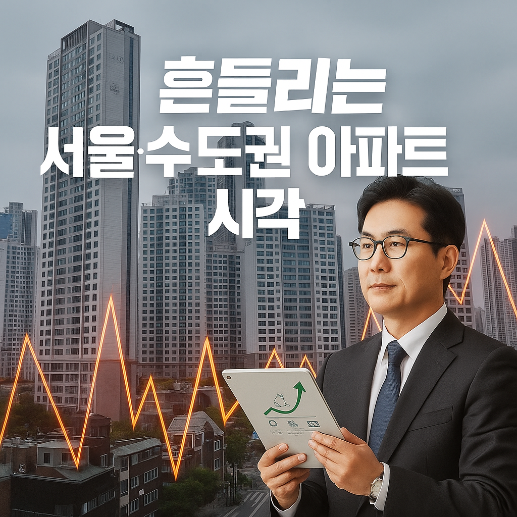 서울 고층 아파트 단지 앞에서 태블릿을 든 남성이 시장을 분석하는 모습.