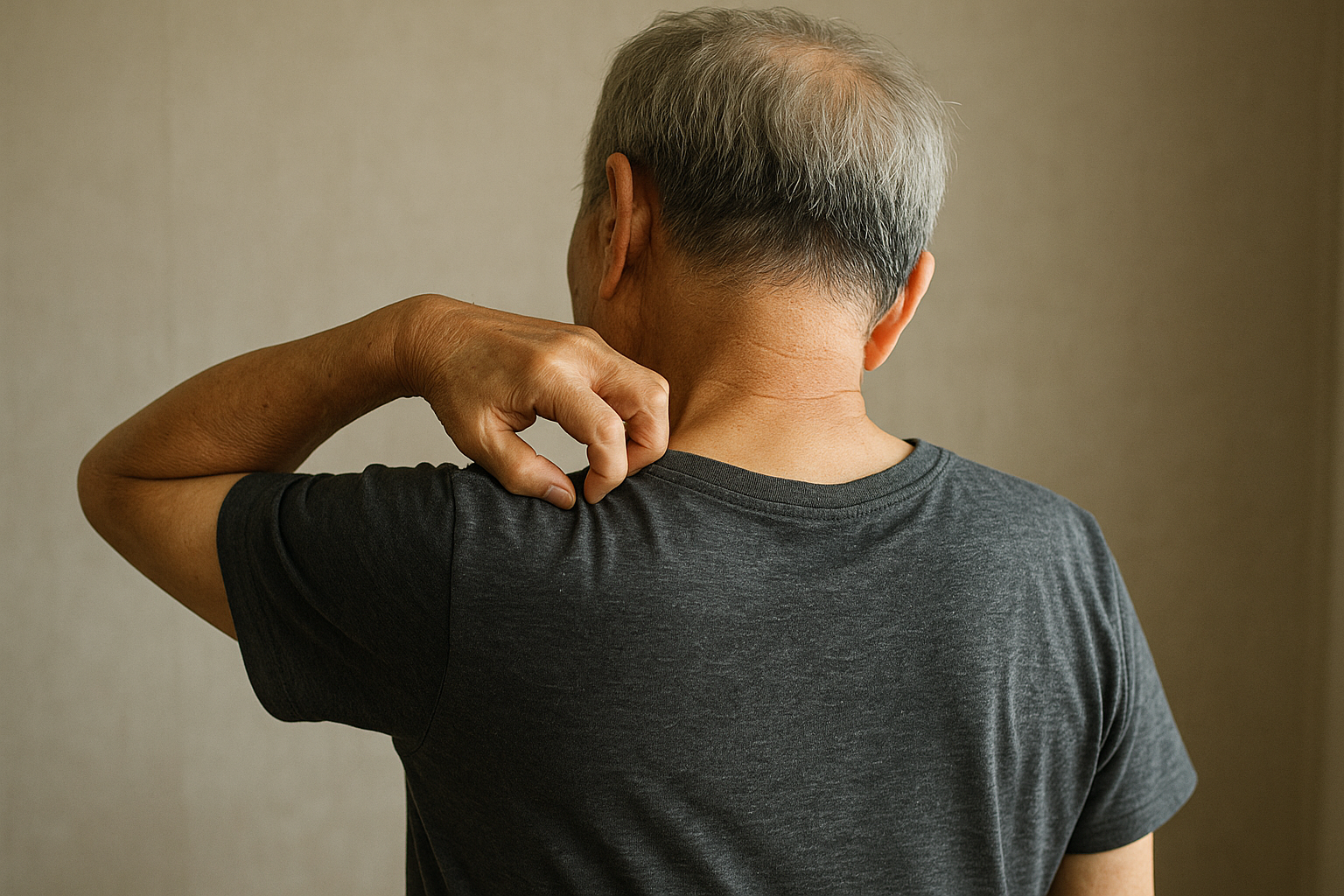 가려워서 어깨를 긁고 있는 남성 노인의 모습