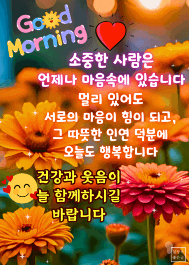 굿모닝 인사말 꽃 배경, 소중한 사람을 떠올리며 건강과 웃음을 기원하는 문구 이미지