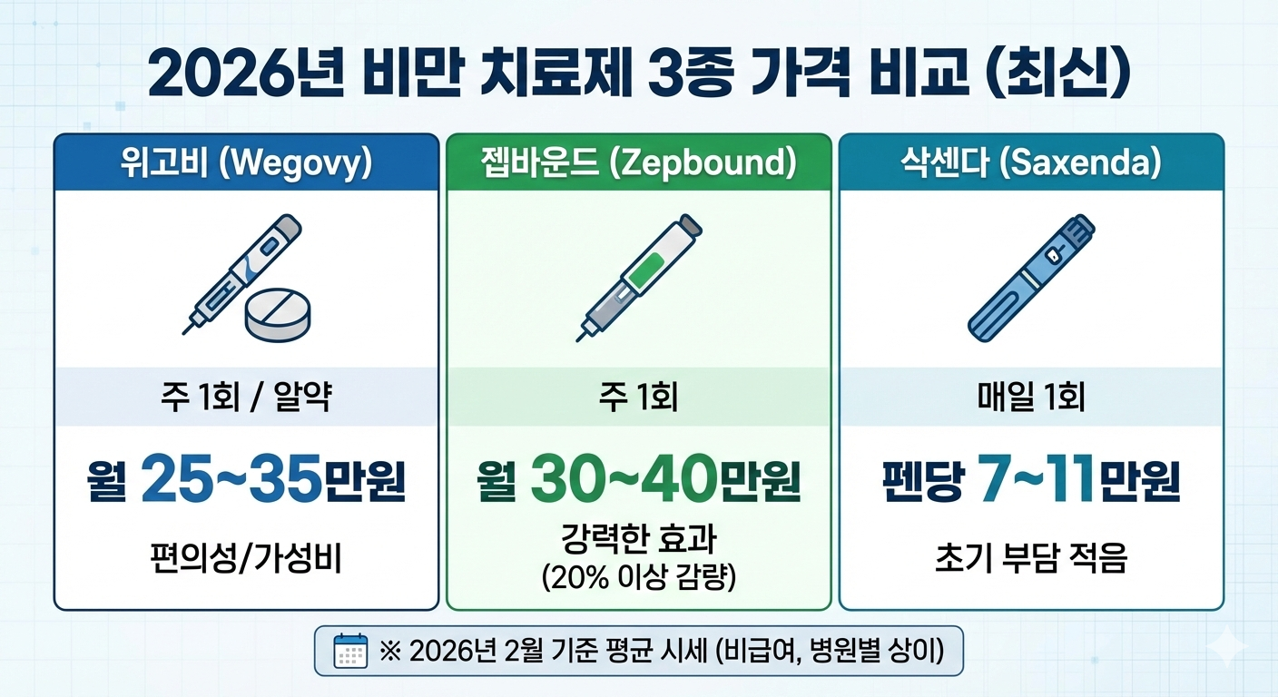 비만 치료제 3종 가격 비교 인포그래픽