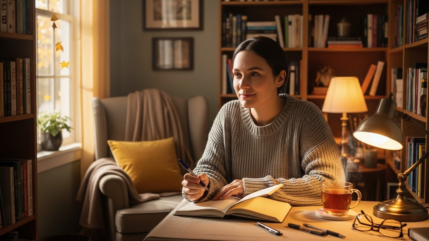 따뜻하고 아늑한 공간에서 일기와 펜을 들고 자신의 강점과 열정을 성찰하는 사람의 모습.
