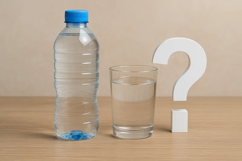 하루에-물-2리터를-꼭-마셔야-하는지에-대한-의문을-시각적으로-표현한-이미지로-투명한-물병과-유리컵이-테이블-위에-놓인-모습