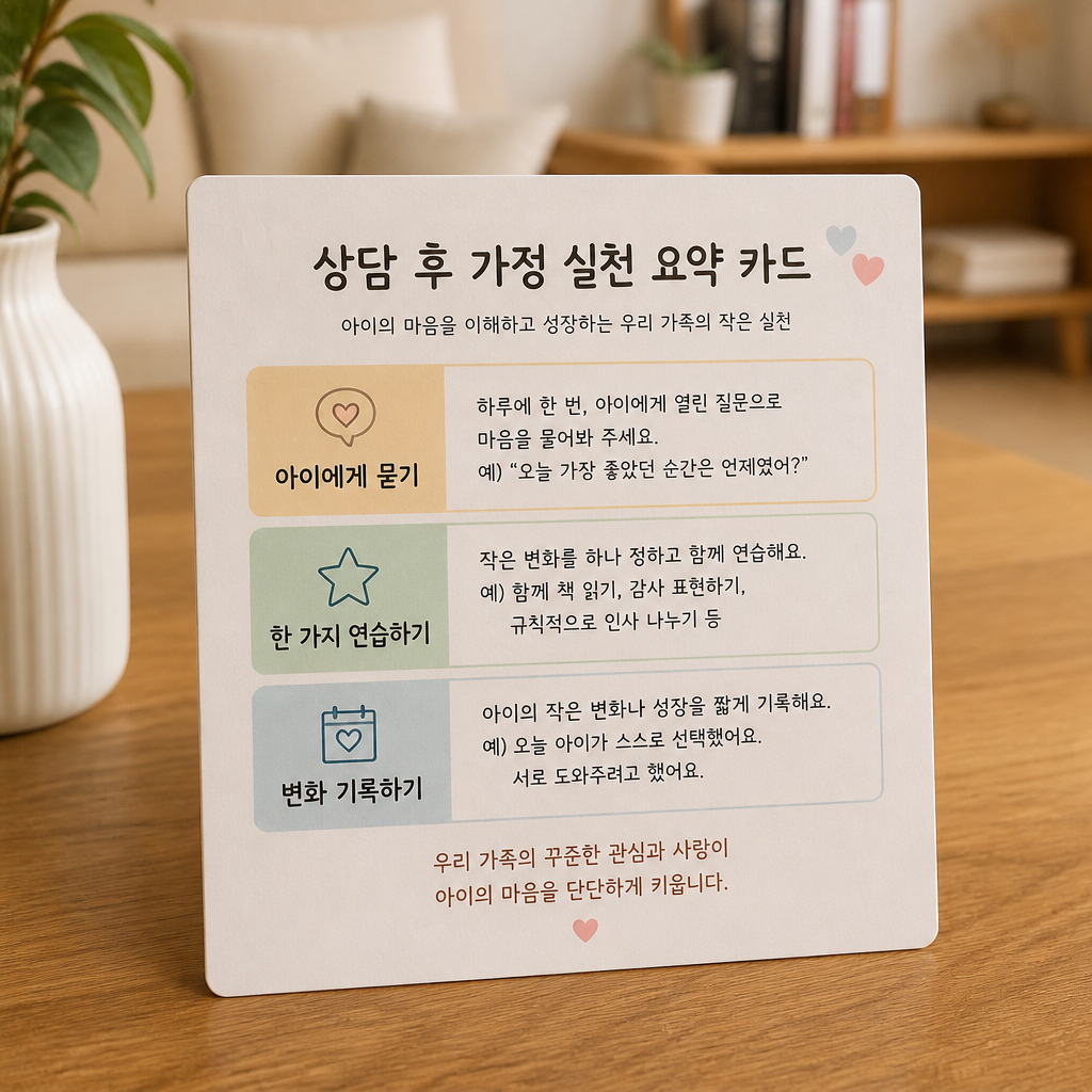 상담 뒤 가정에서 할 수 있는 아이 대화와 관찰 과정을 담은 요약 카드