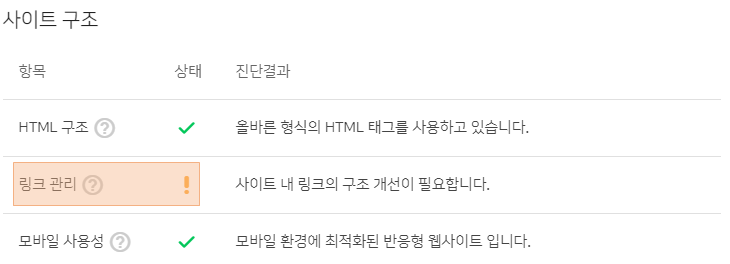 네이버 서치 어드바이저 링크 관리 오류 화면