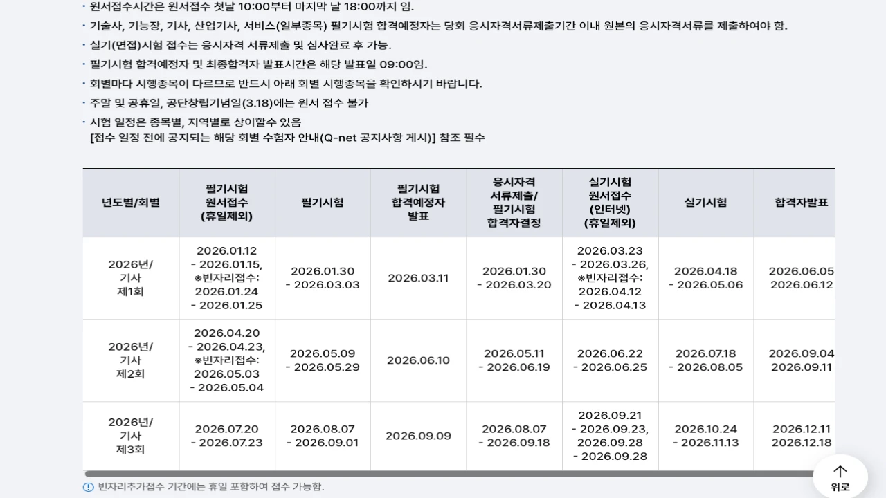 큐넷 연간 국가기술자격 시험일정 페이지에서 정기 기사 1회부터 3회까지 접수와 시험 일정을 보여주는 화면