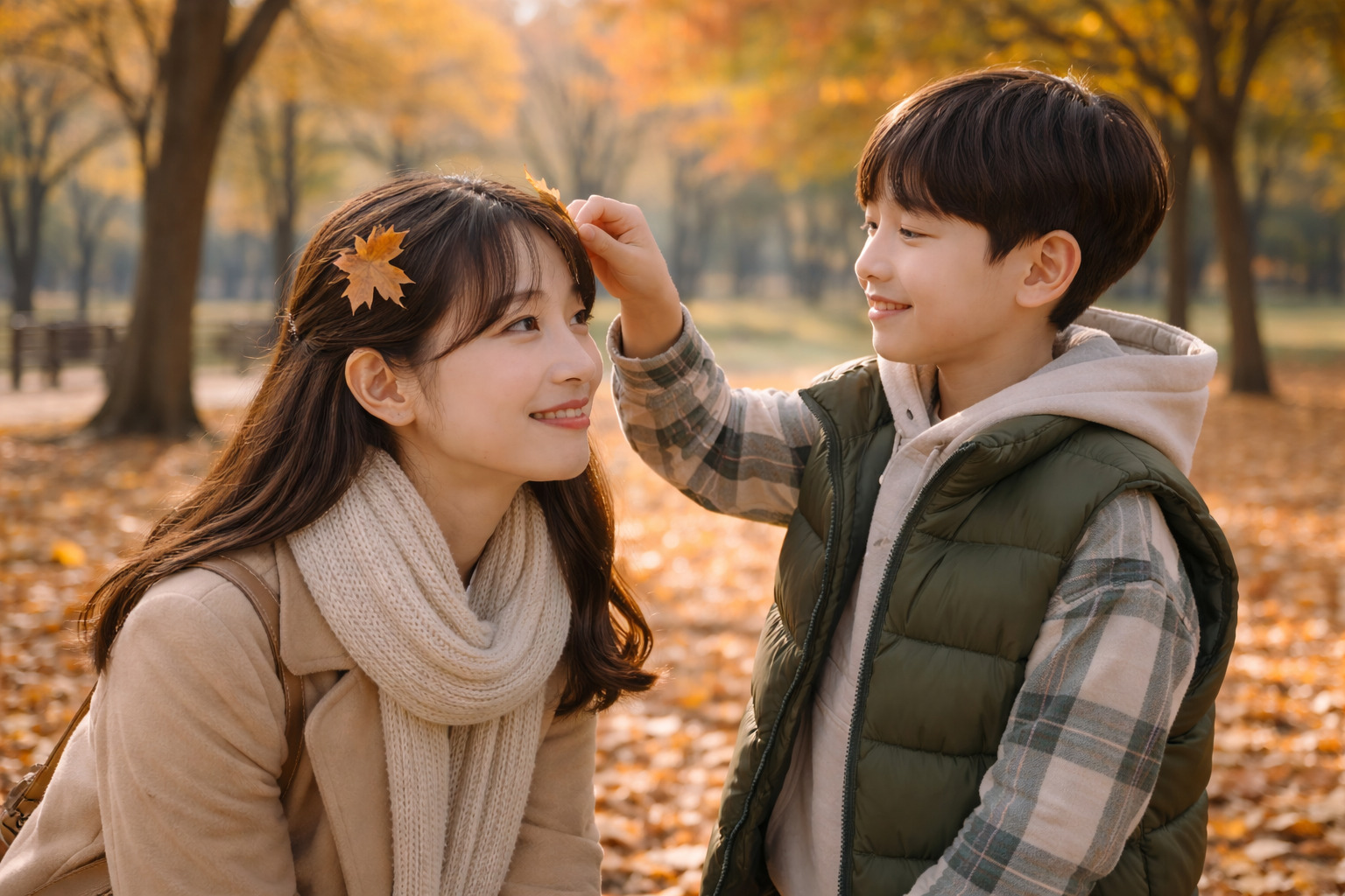 아들이 엄마의 머리에 묻은 낙엽을 조심스럽게 떼어주고 있는 따뜻한 순간